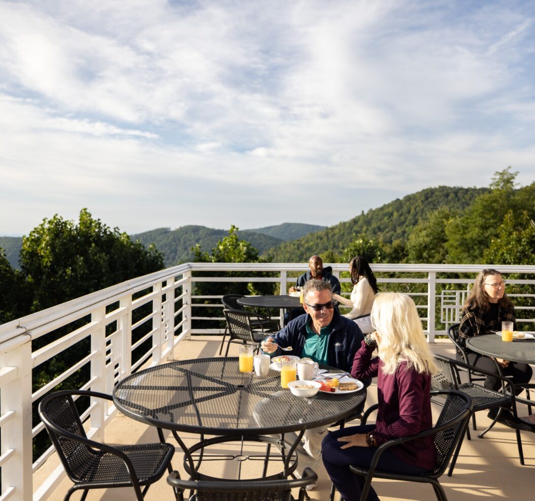 Dining with a view when you enjoy a meal on the deck of the Purna Dining Hall.