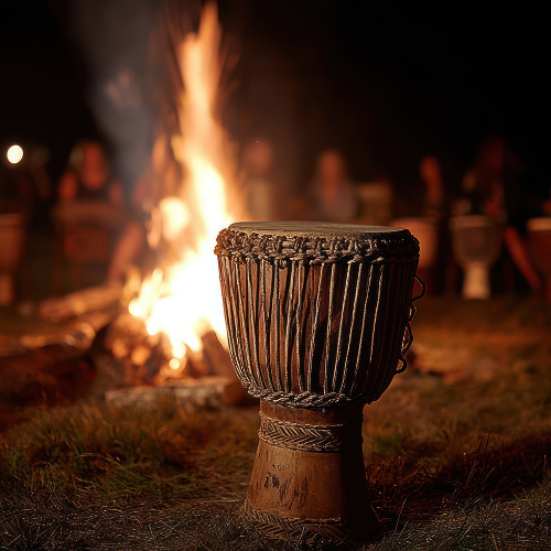hand drum with a bonfire backdrop