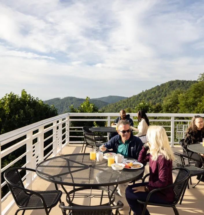 Dining with a view when you enjoy a meal on the deck of the Purna Dining Hall.